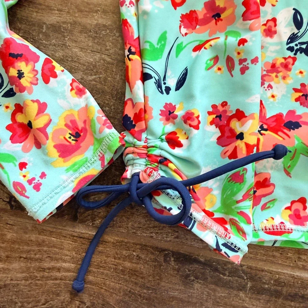 RuffleButts Kids Floral Long Sleeve Rash Guard Swim Top, Mint Green, 5